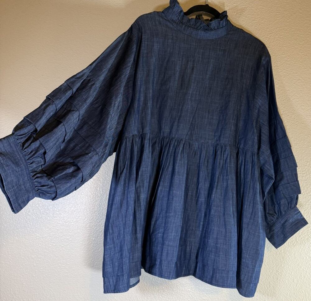 Zapelle Plus 3X Tunic Blouse Blue Balloon Sleeve